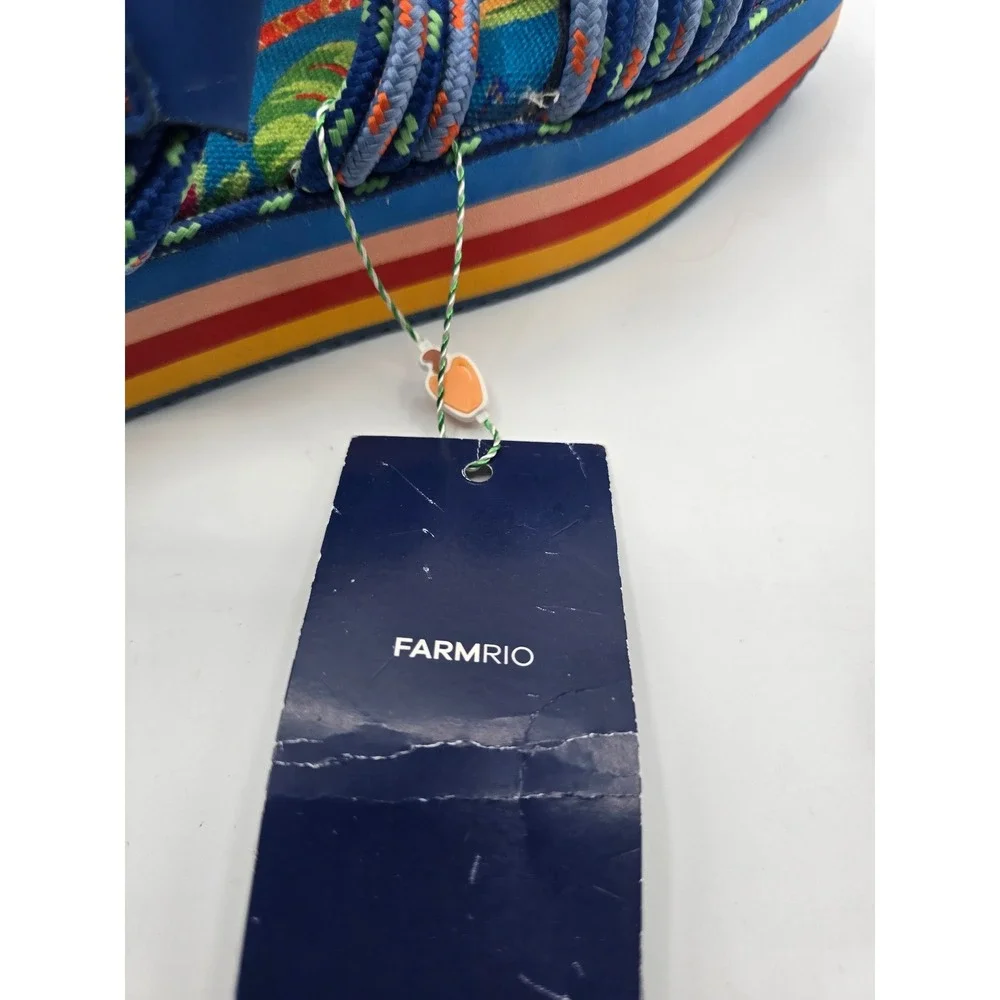 Farm Rio Blue Macaw Platform Rope Sandals Tropical Rainbow Striped 10 NEW